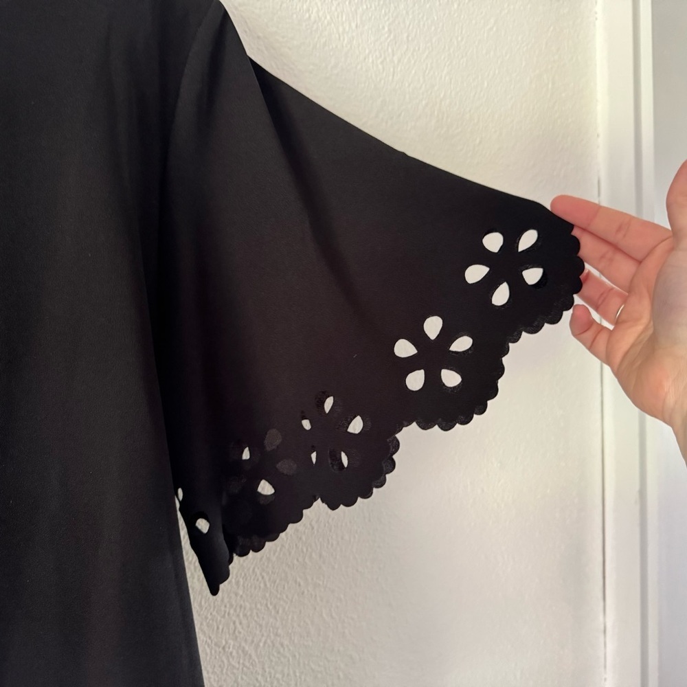 Black Laser Cut Tie Waist Peplum Blouse XXL Bohemian Feminine Romantic - Picture 5 of 13